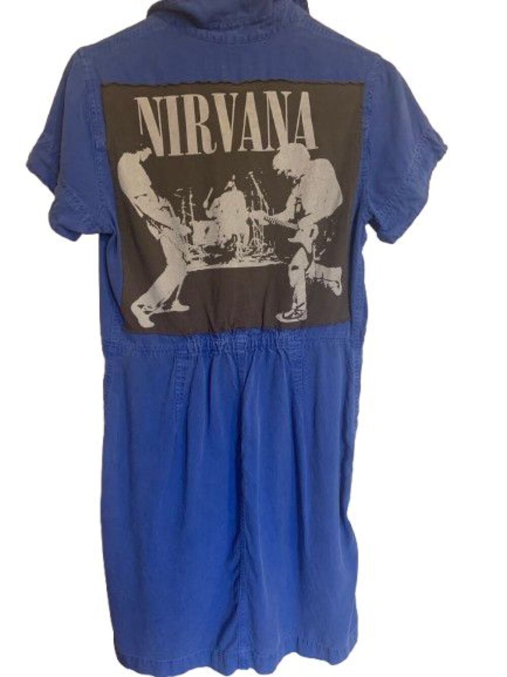 Upcycled J Crew Blue Shirt Mini Dress Nirvana Band Patch Grunge Indie Size 4 - Picture 3 of 7